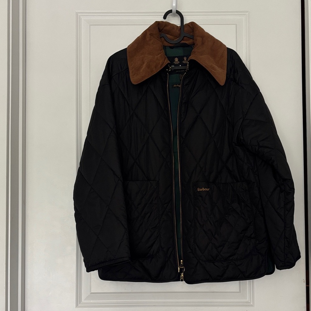 Barbour Black Puffer Jacket with Brown Collar
